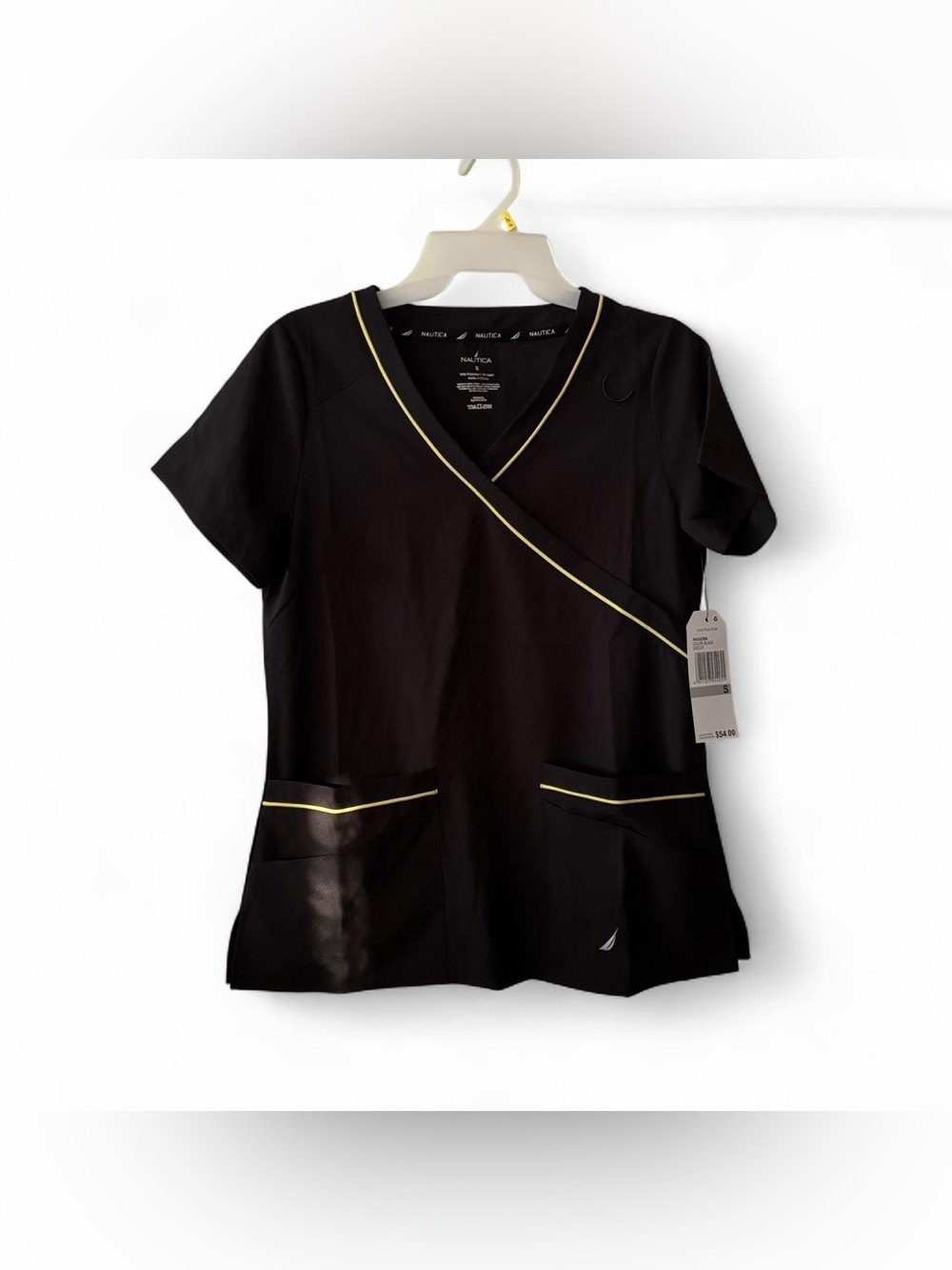 NWT Nautica Women's Black V-Neck Scrub Top with Yellow Trim
